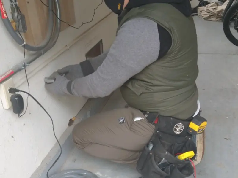 Electrician performing outlet wiring in a East Bradford garage